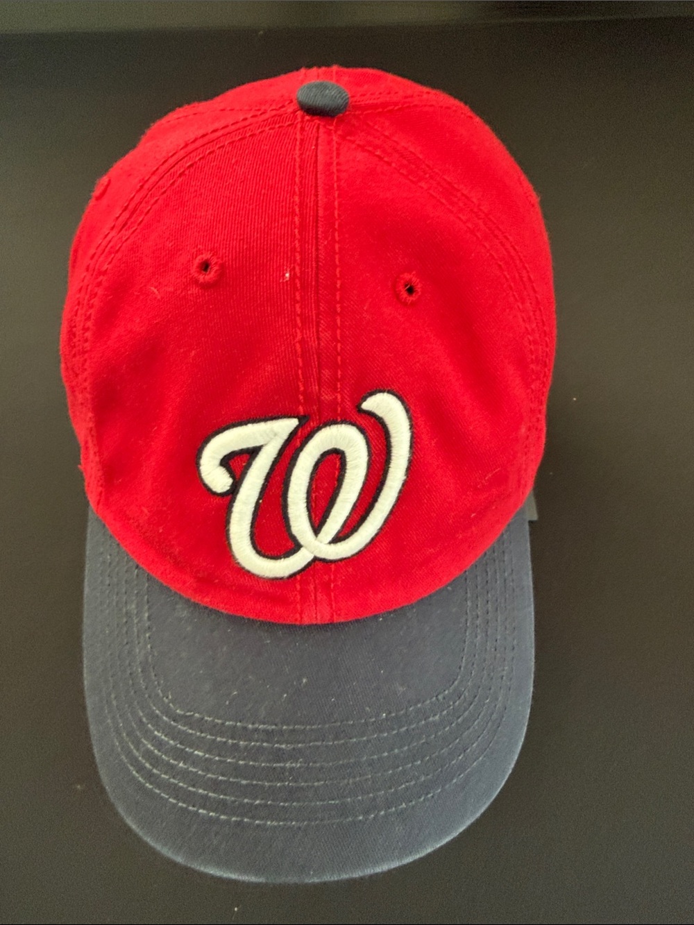 47. Brand Washington nationals Red and Navy Baseball Cap with White Script